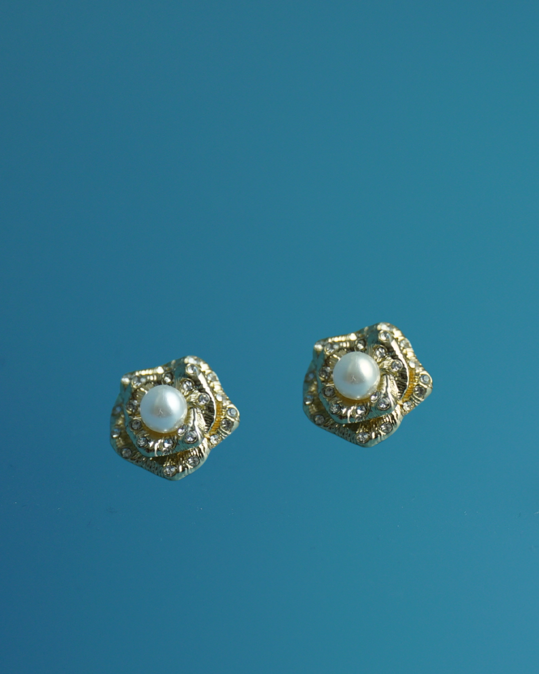 Golden Pearl Studs - Vintage Floral Design