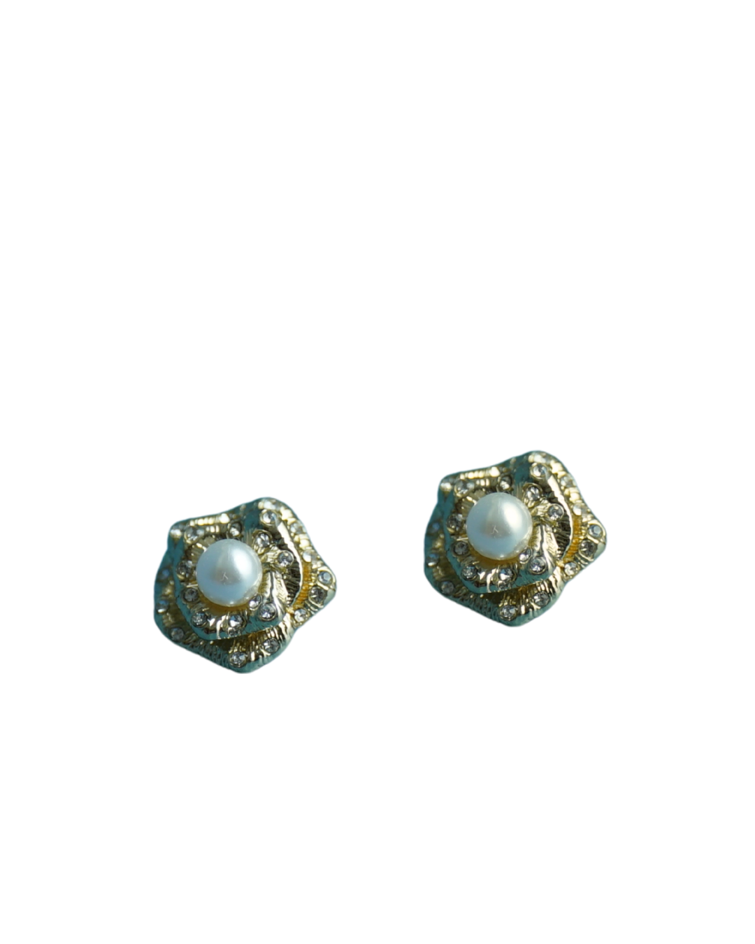 Golden Pearl Studs - Vintage Floral Design