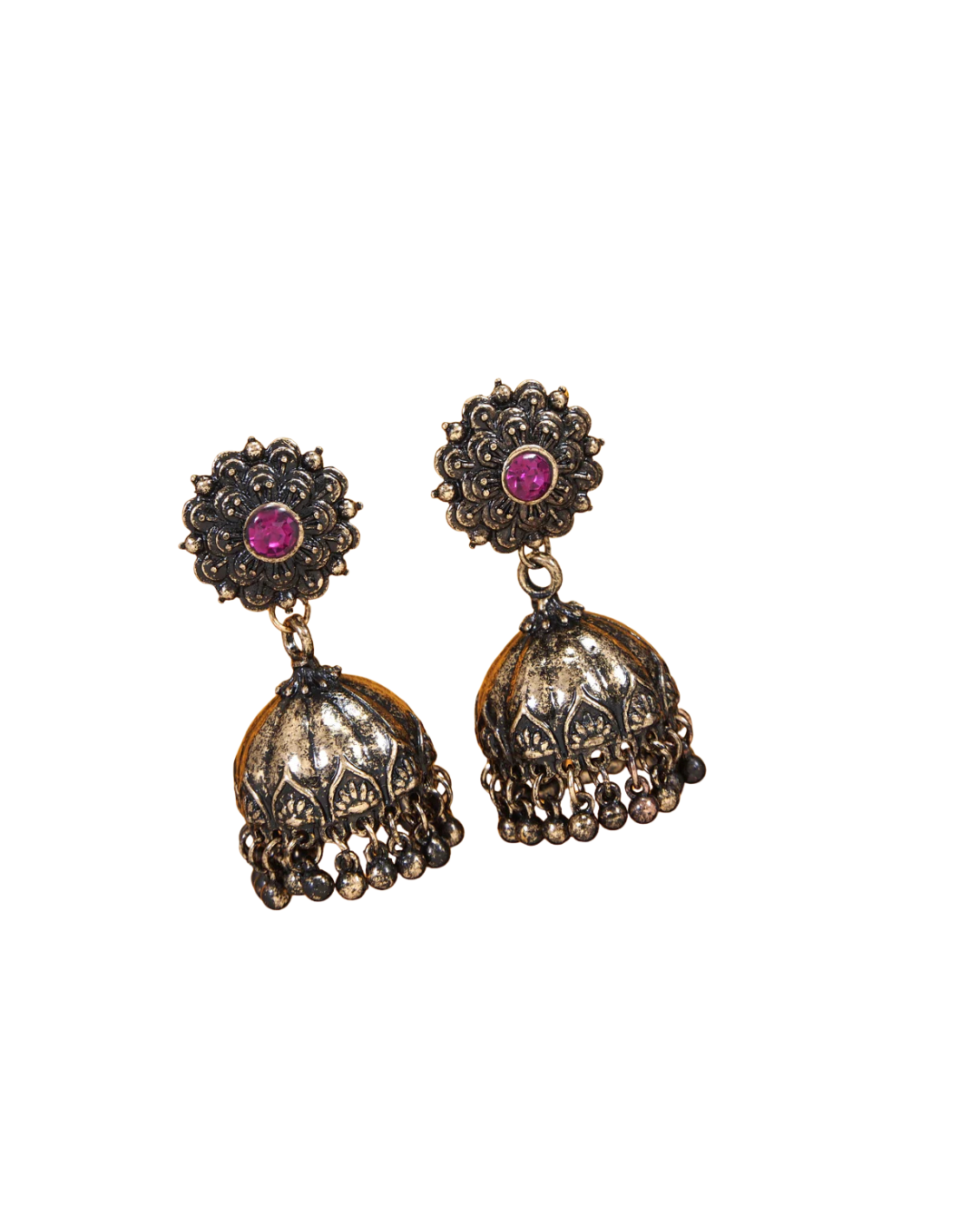 Oxidised Jhumka Earrings with Pink Stone